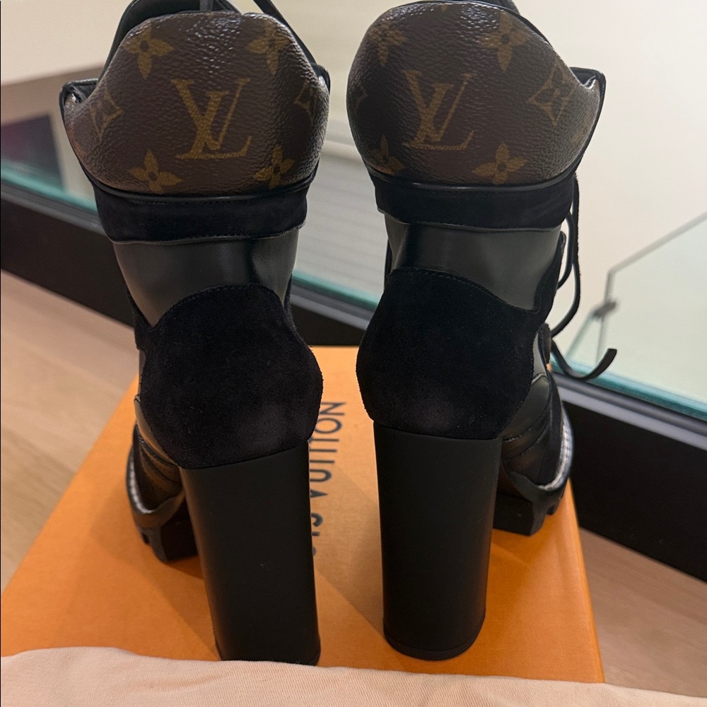 Louis Vuitton Black and Brown Monogram High-Heel Lace-Up Boots - Picture 4 of 4